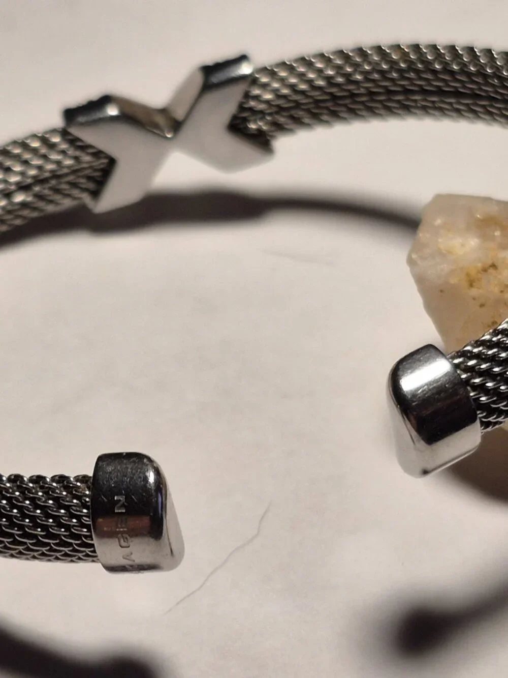 Skagen Silver Tone Woven Mesh Cuff Bracelet Cross/X Centerpiece Rhinestones